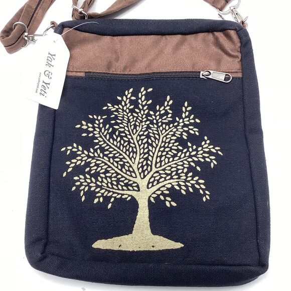 Yak & Yeti Crossbody Purse Black & Brown Tree Of Life Adjustable Strap Zippers - Picture 2 of 6